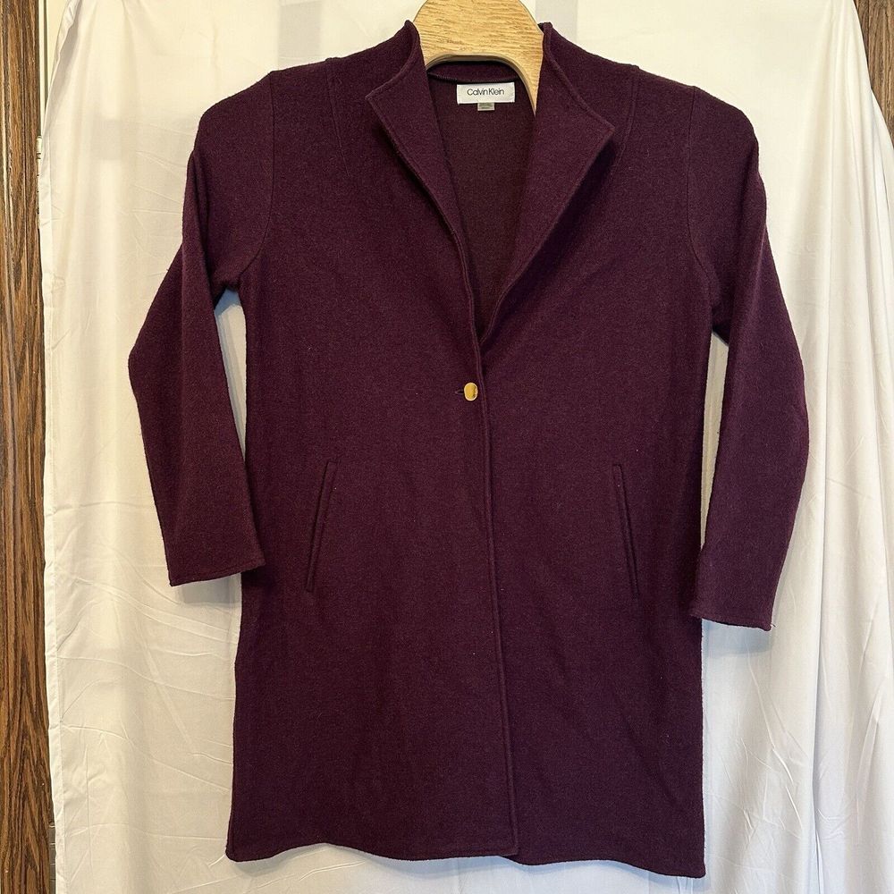 Calvin Klein Women's Size Medium Plum Purple Long Sweater Cardigan Coat Wool